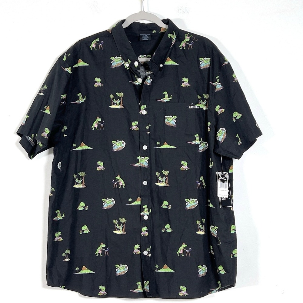Kualoa Hawaiin Shirt Mens Sz 2XL Black Dinosaur Island Short Sleeve Cotton